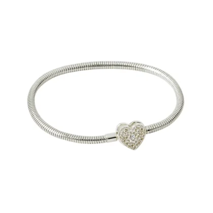Pulsera tipo Pandora de acero blanco con dije de corazón brillante para mujer.