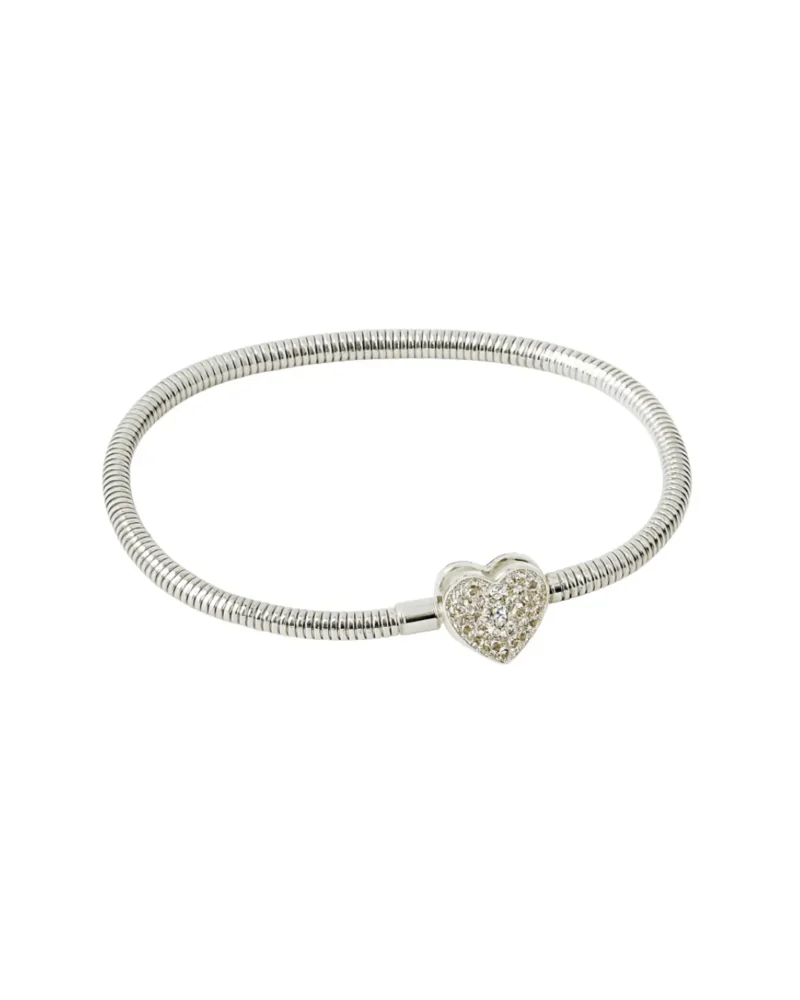 Pulsera tipo Pandora de acero blanco con dije de corazón brillante para mujer.