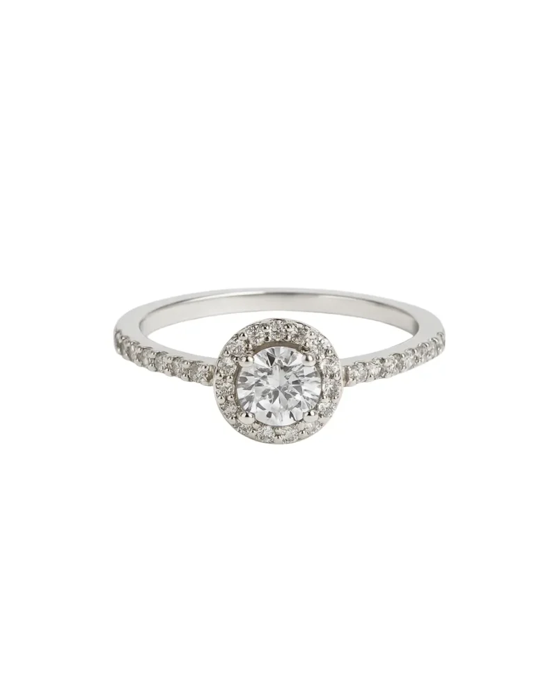 Anillo de acero blanco con circonia redonda central y halo de brillantes – Numena Joyas